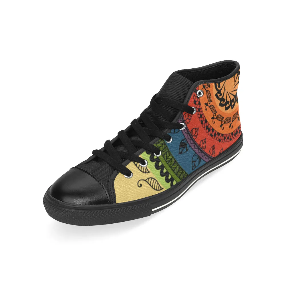 Men's Big Size Black Folksy Mandala Print Canvas High Top Shoes