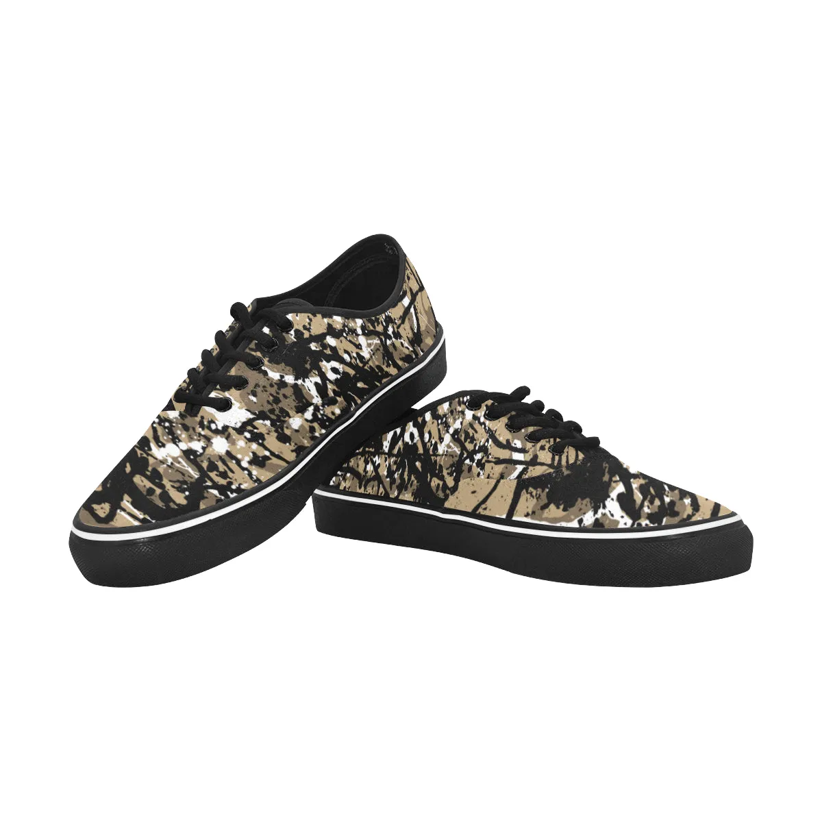 Men's Big Size Coffee Colored Paint Splatter Print Canvas Low Top Shoes