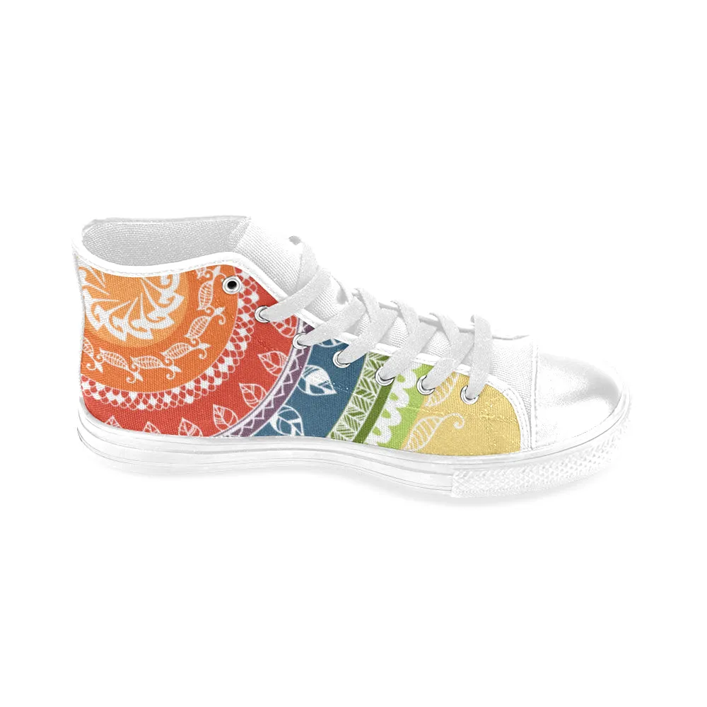 Men's Big Size White Folksy Mandala Print Canvas High Top Shoes