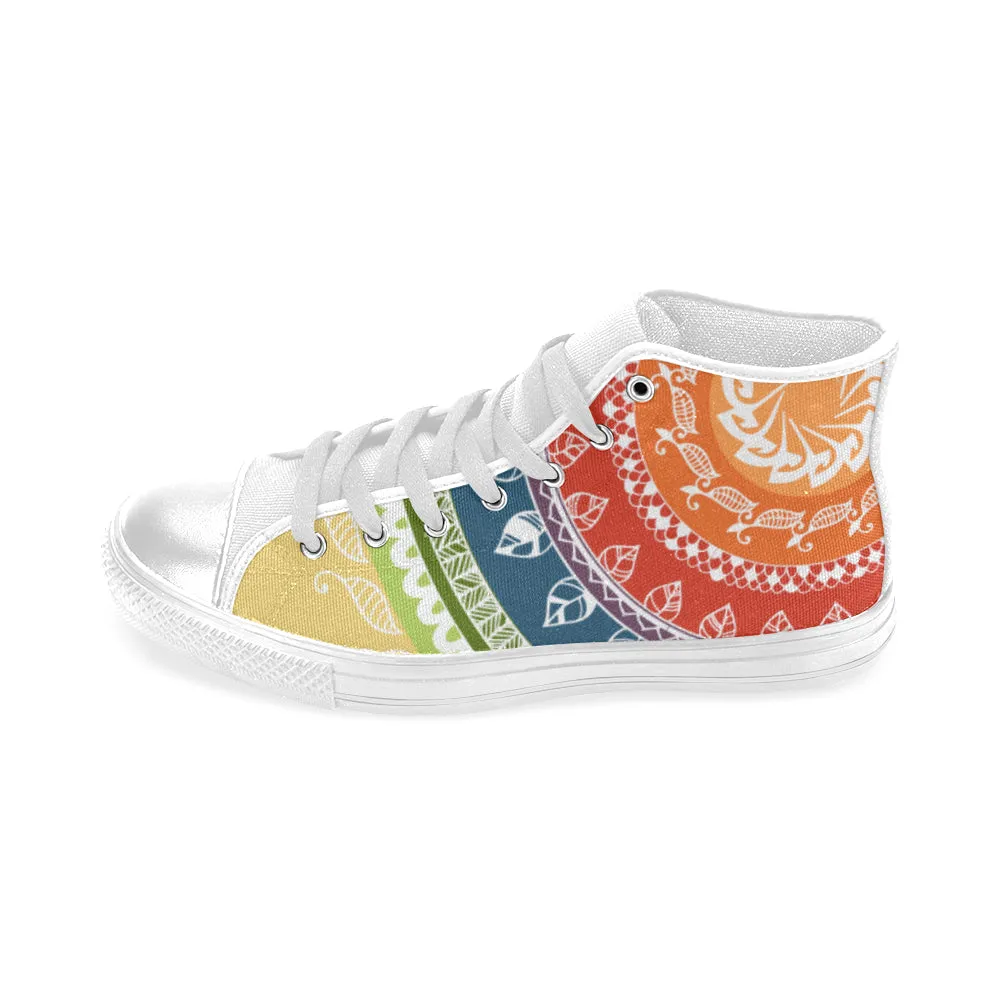 Men's Big Size White Folksy Mandala Print Canvas High Top Shoes