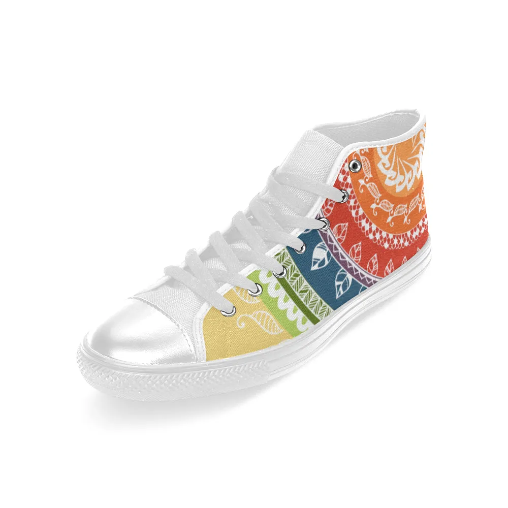 Men's Big Size White Folksy Mandala Print Canvas High Top Shoes