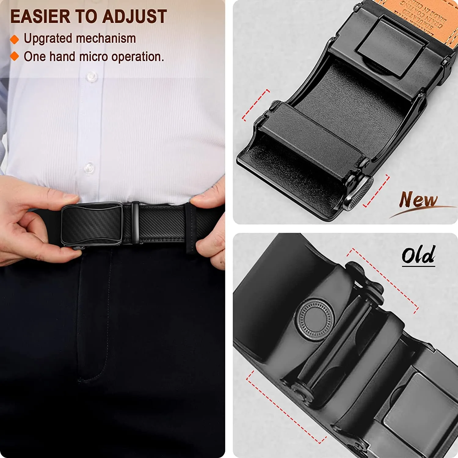 Mens Ratchet Belt, Leather Adjustable Slide Belt for Mens Dress Casual Pant 1 3/8",Size Adjustable