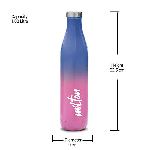 Milton Prudent 1100 Thermosteel 24 Hours Hot and Cold Water Bottle, 1023 ml, Pink Blue | Leak Proof | Easy to Carry | Office Bottle | Hiking | Trekking | Travel Bottle | Gym | Home | Kitchen Bottle