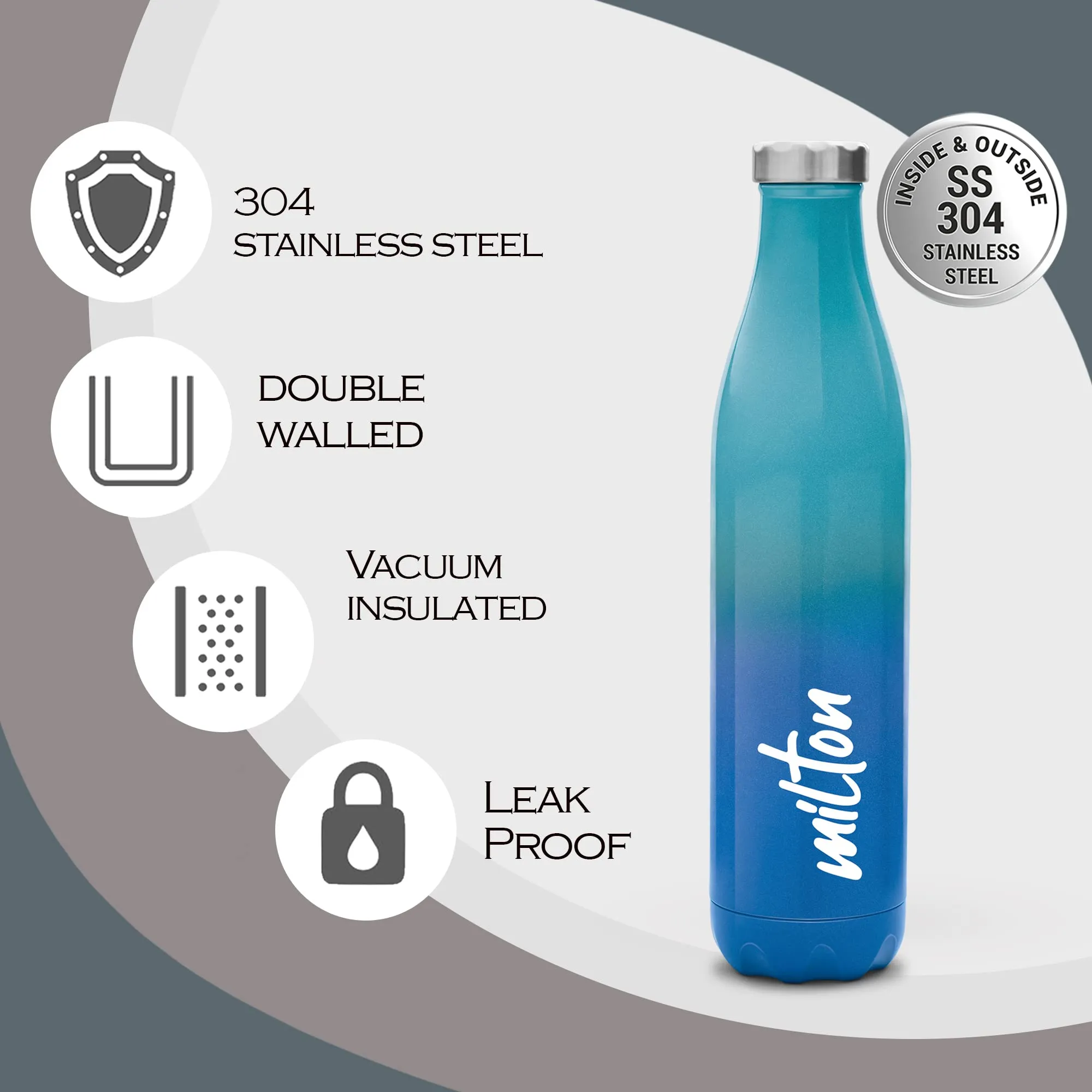 Milton Prudent 800 Thermosteel 24 Hours Hot and Cold Water Bottle, 820 ml, Blue | Leak Proof | Easy to Carry | Office Bottle | Hiking | Trekking | Travel Bottle | Gym | Home | Kitchen Bottle