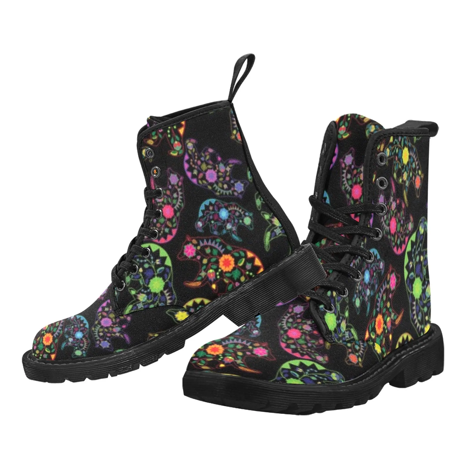 Neon Floral Bears Boots for Women (Black)