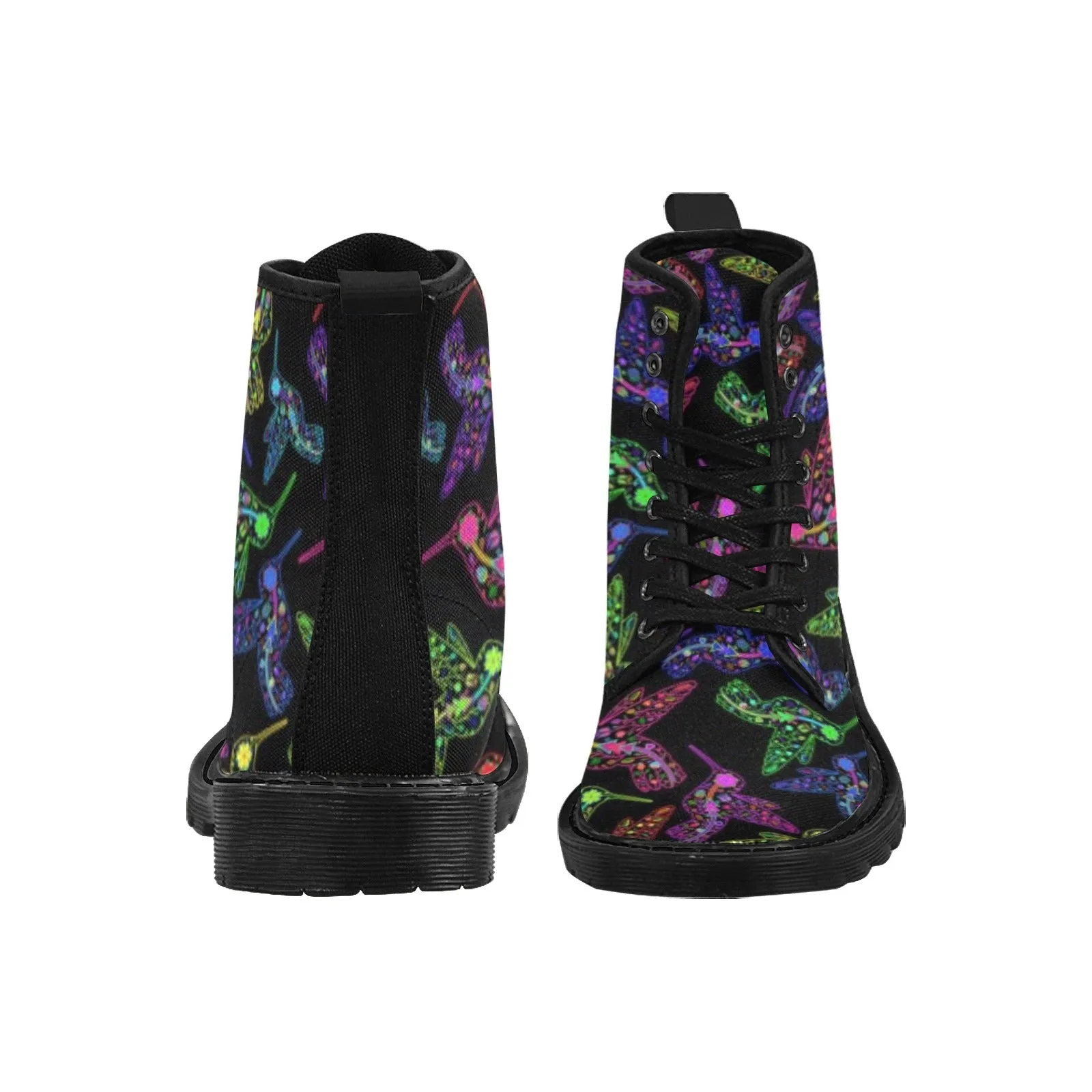 Neon Floral Hummingbirds Boots for Men (Black)