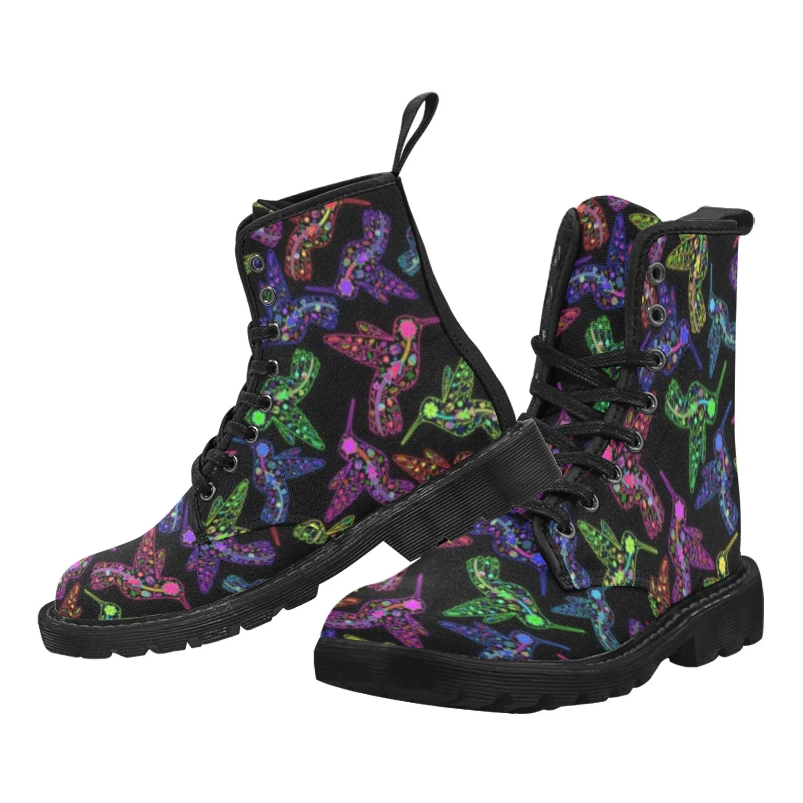 Neon Floral Hummingbirds Boots for Men (Black)