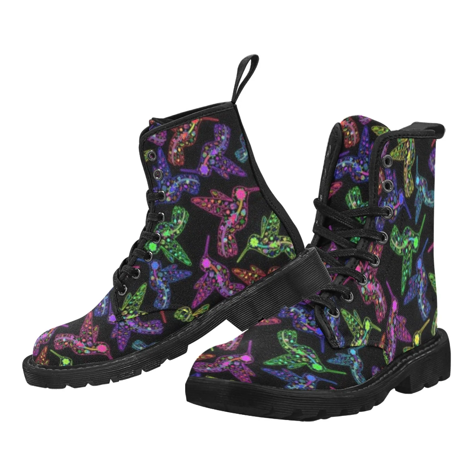 Neon Floral Hummingbirds Boots for Women (Black)