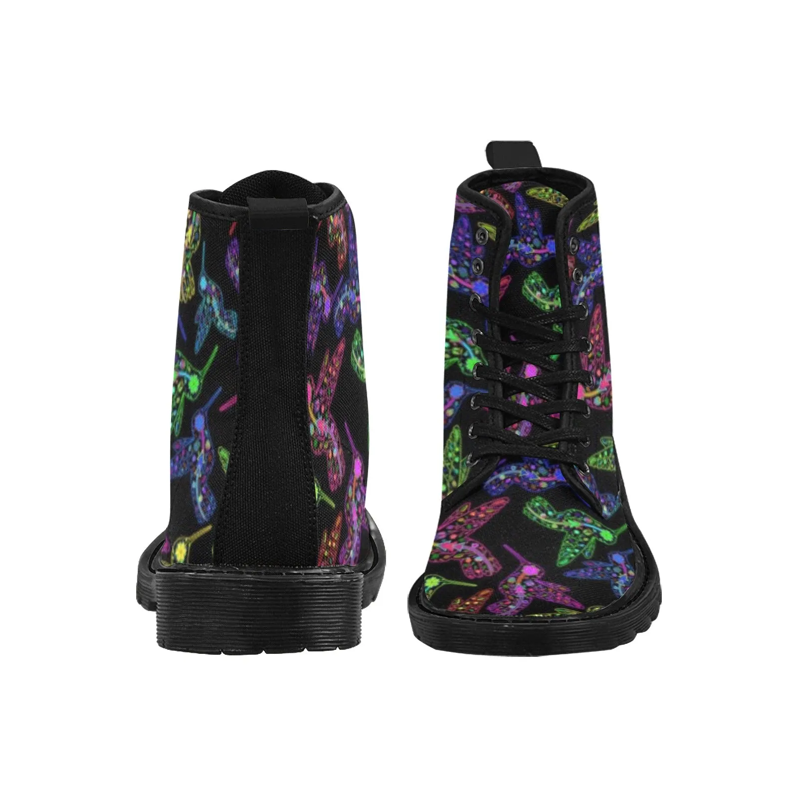 Neon Floral Hummingbirds Boots for Women (Black)