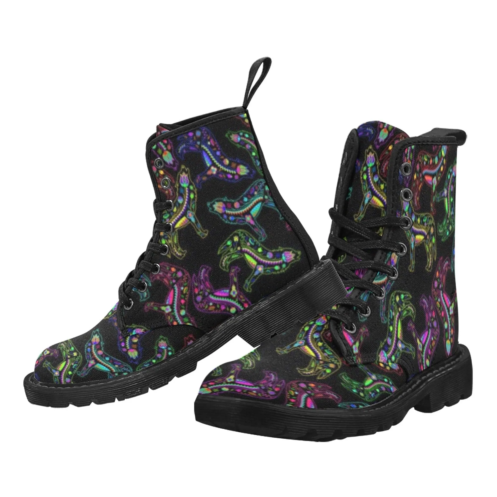 Neon Floral Wolves Boots for Men (Black)