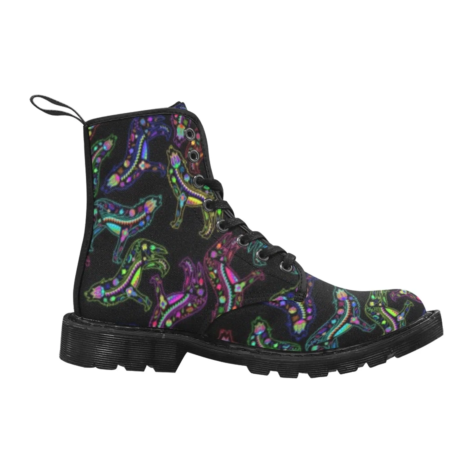 Neon Floral Wolves Boots for Men (Black)