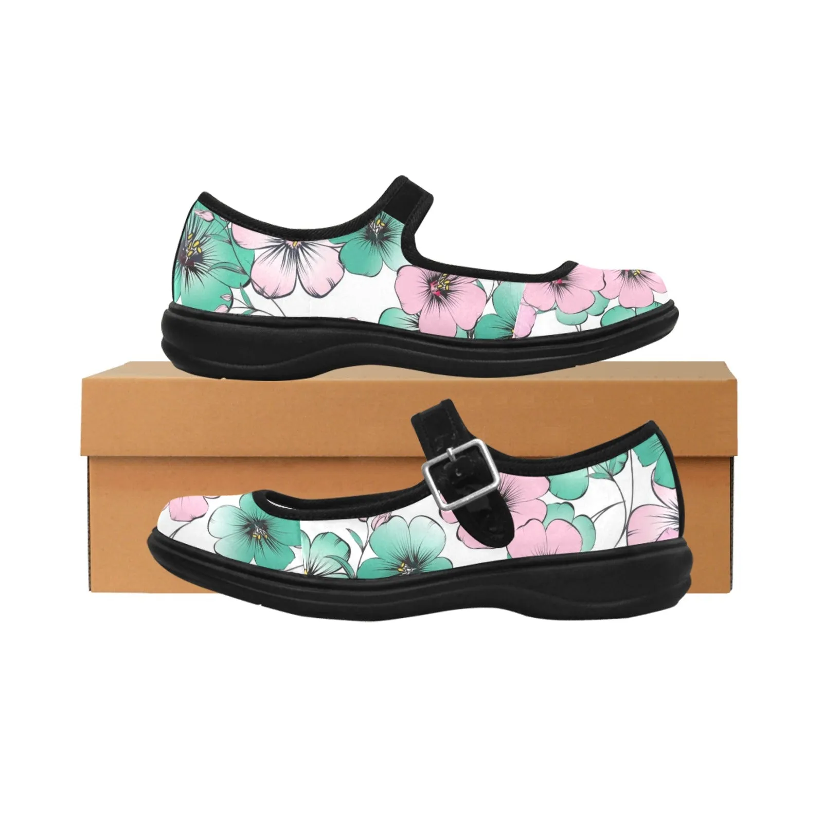 Pink & Green Floral shoes Mila Satin Women's Mary Jane Shoes (Model 4808)