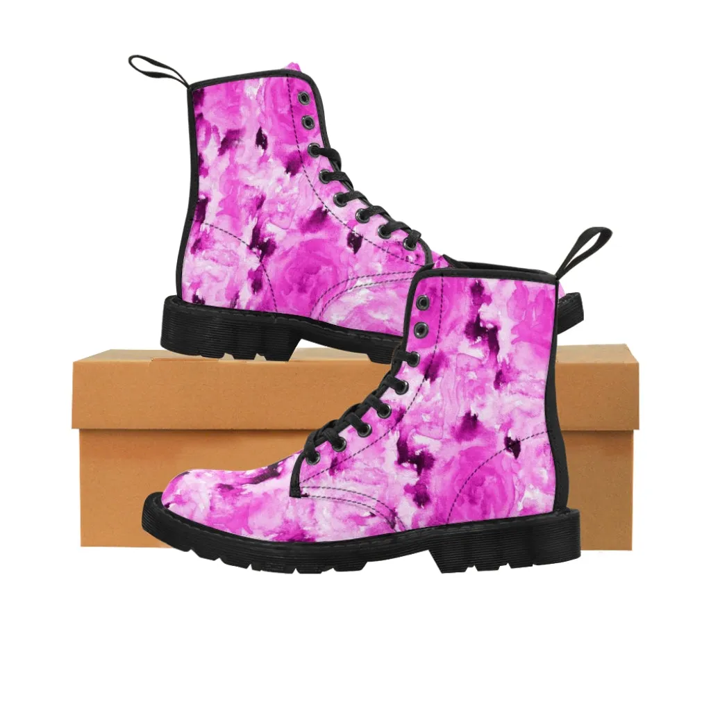 Pink Floral Women's Boots, Rose Print Designer Hiking Laced Up Best Winter Boots For Women (US Size: 6.5-11)