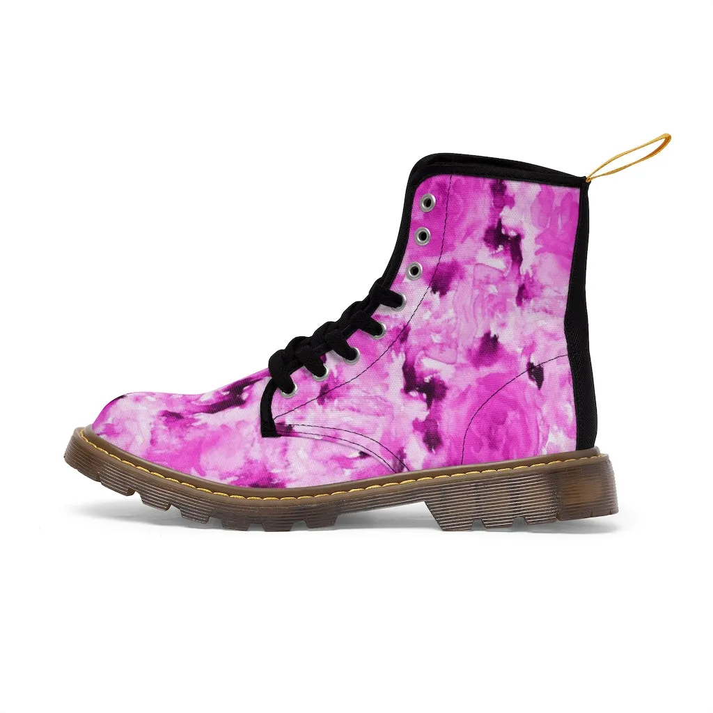 Pink Floral Women's Boots, Rose Print Designer Hiking Laced Up Best Winter Boots For Women (US Size: 6.5-11)