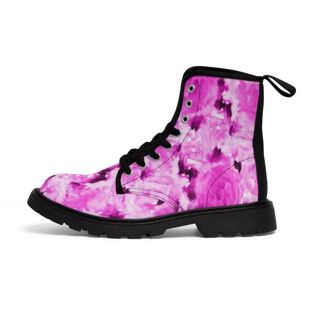 Pink Floral Women's Boots, Rose Print Designer Hiking Laced Up Best Winter Boots For Women (US Size: 6.5-11)