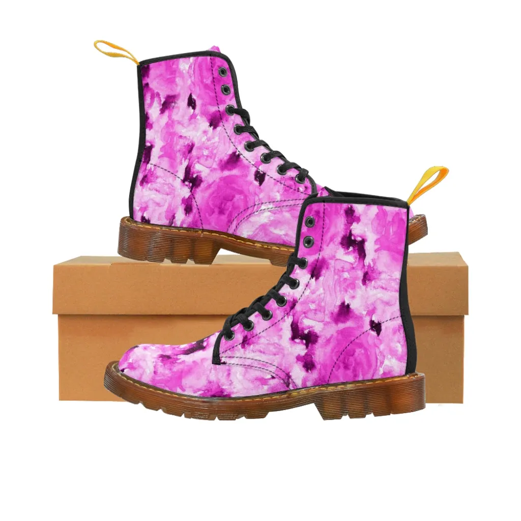 Pink Floral Women's Boots, Rose Print Designer Hiking Laced Up Best Winter Boots For Women (US Size: 6.5-11)