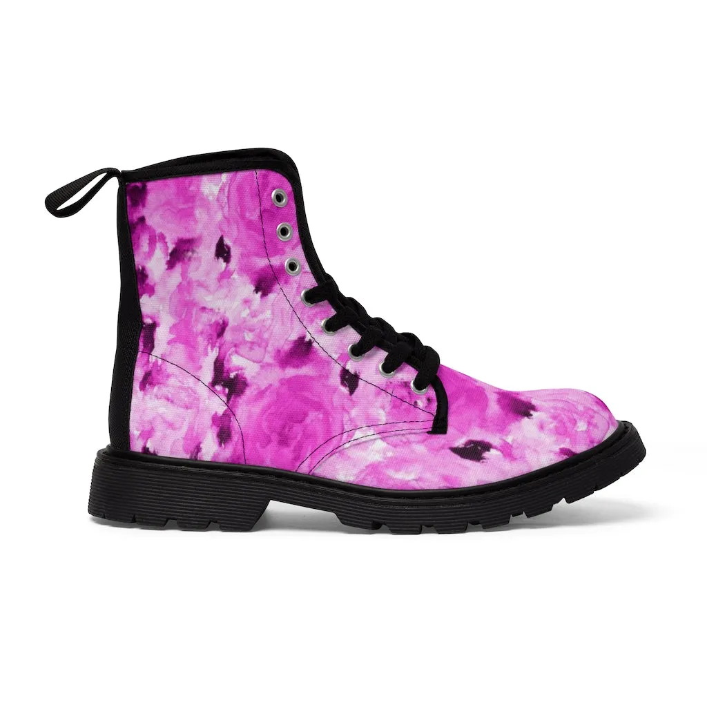 Pink Floral Women's Boots, Rose Print Designer Hiking Laced Up Best Winter Boots For Women (US Size: 6.5-11)