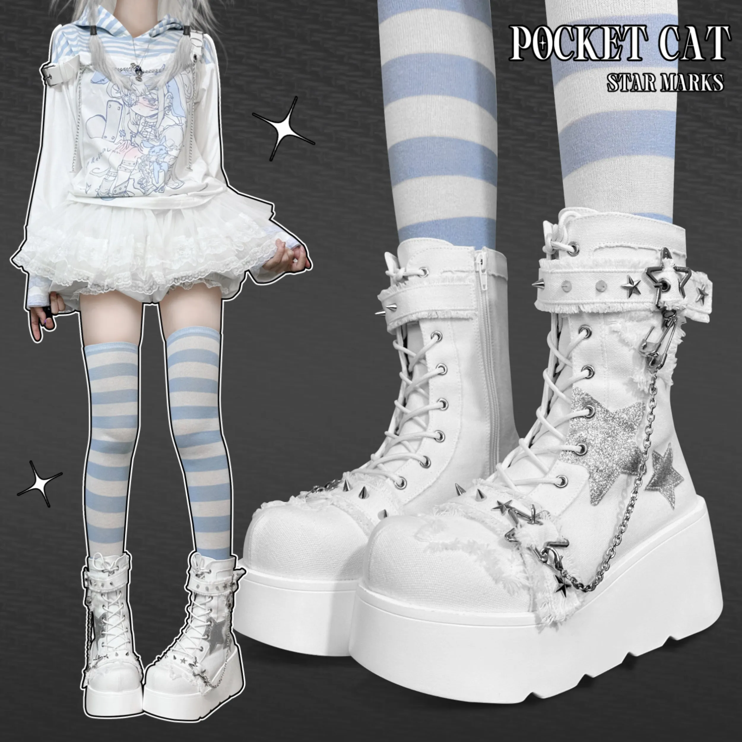 Pocket Cat Y2K Star Mark Chain EGL Canvas Strap Platform Shoes Boots