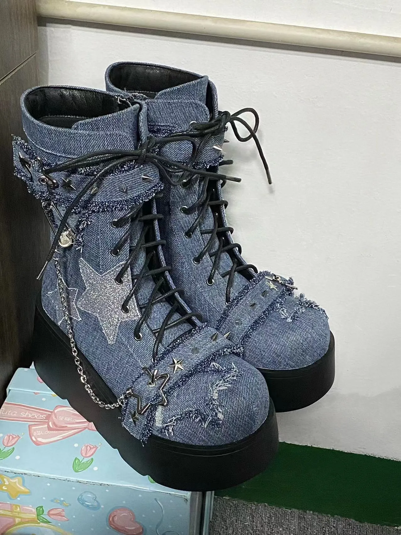 Pocket Cat Y2K Star Mark Chain EGL Canvas Strap Platform Shoes Boots