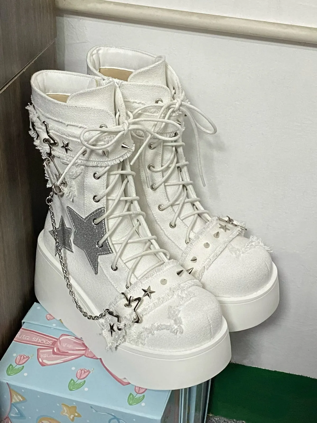 Pocket Cat Y2K Star Mark Chain EGL Canvas Strap Platform Shoes Boots