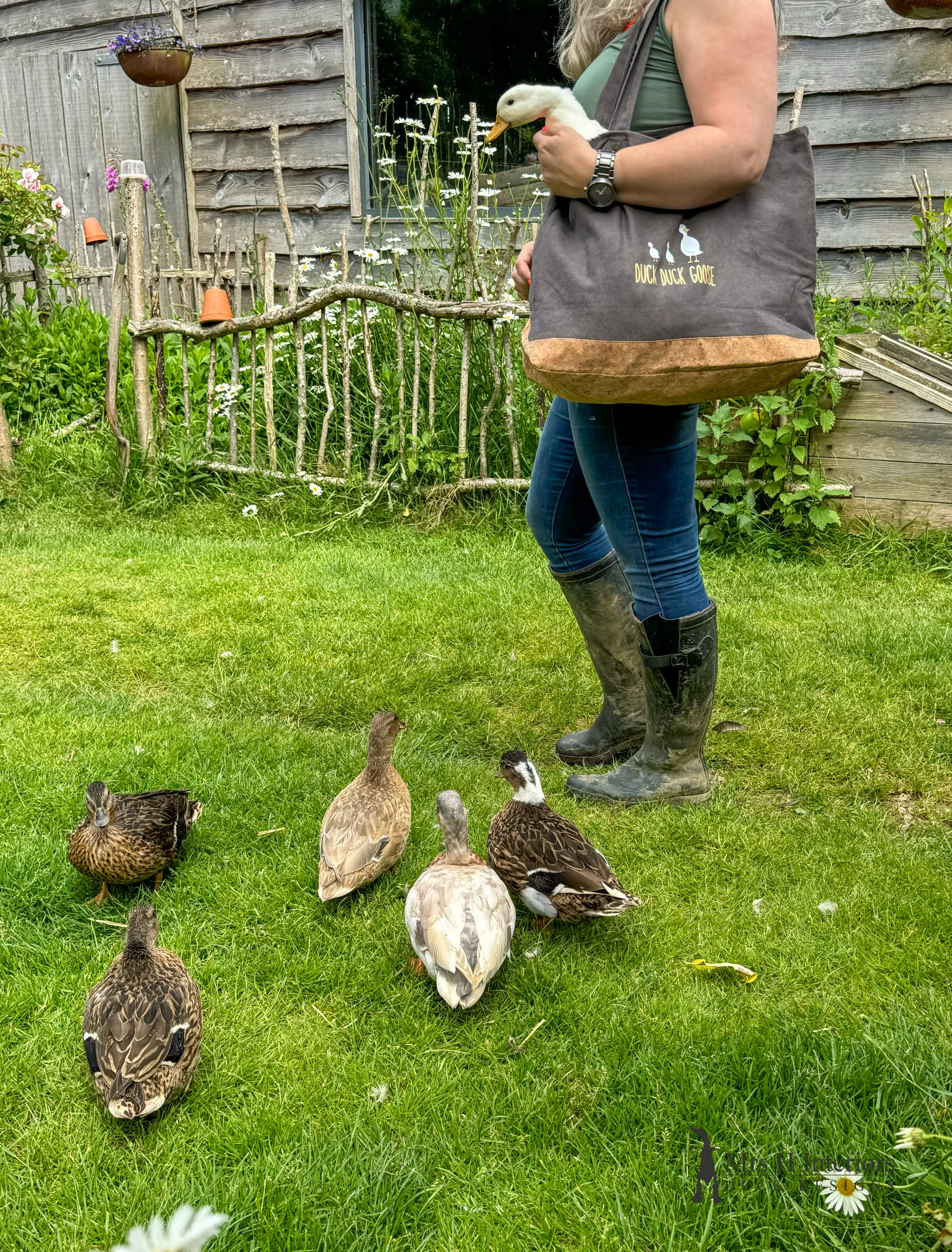 Poppy the duck bag. Grey washed, heavy cotton and cork tote bag.