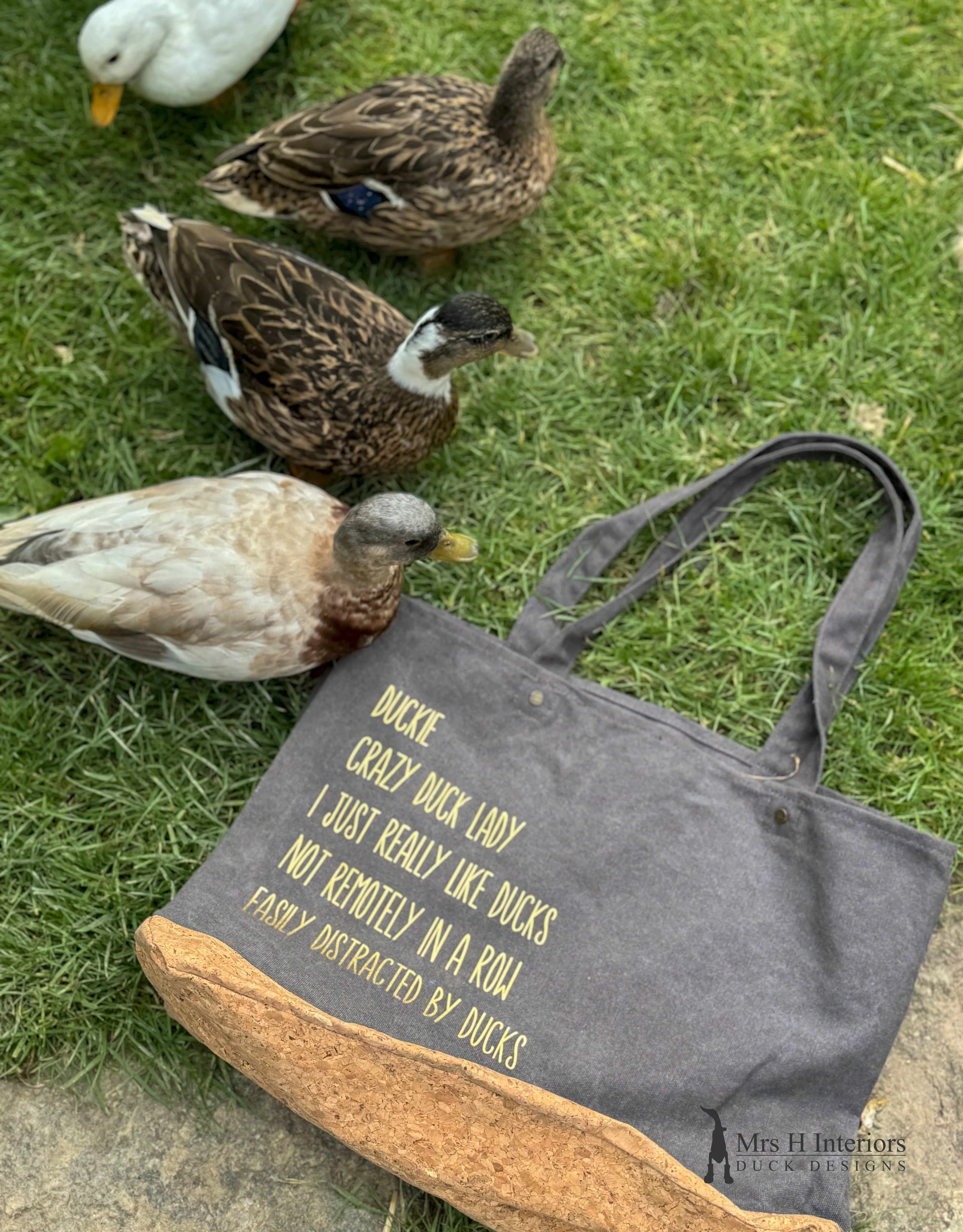 Poppy the duck bag. Grey washed, heavy cotton and cork tote bag.