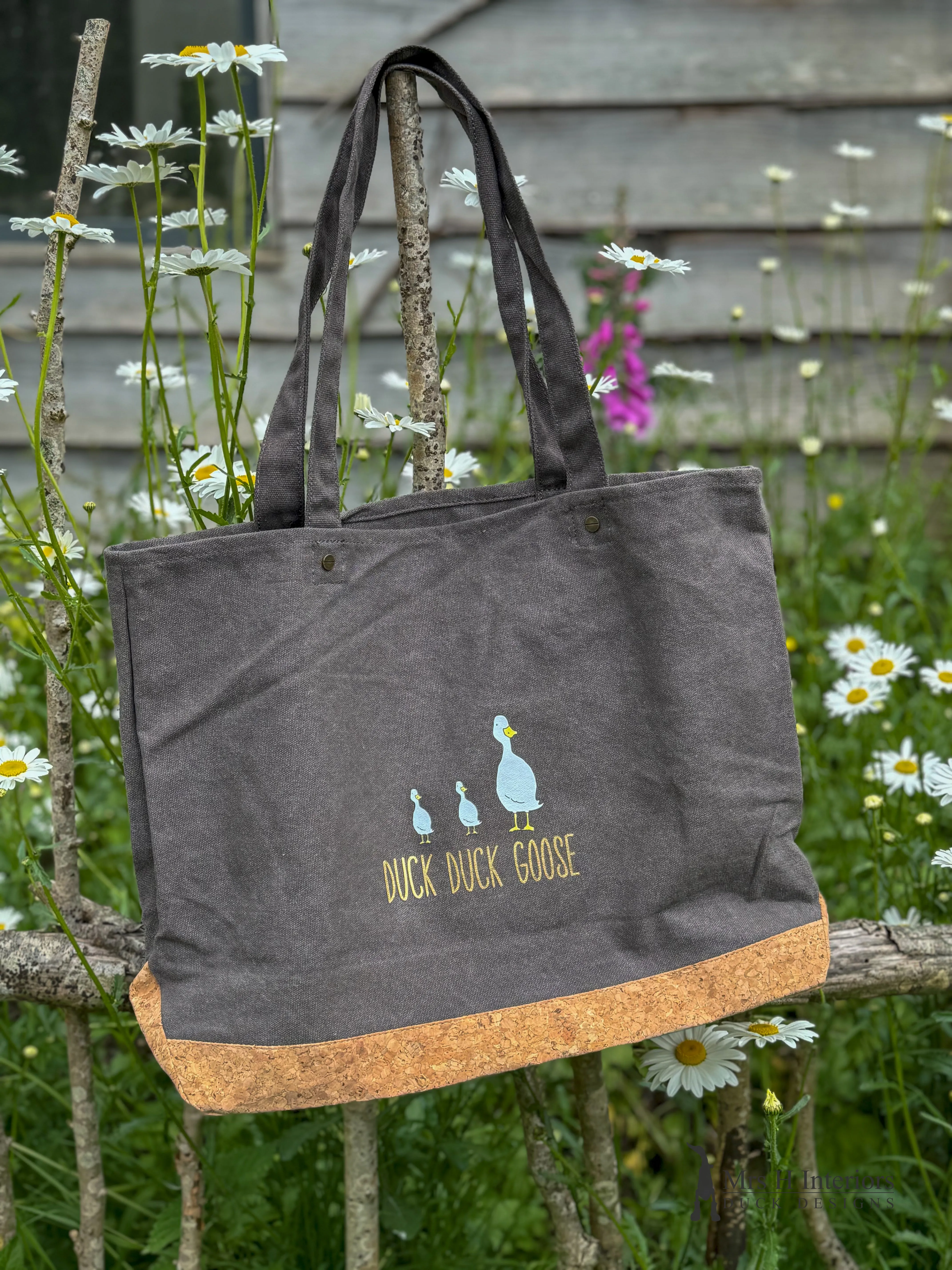 Poppy the duck bag. Grey washed, heavy cotton and cork tote bag.