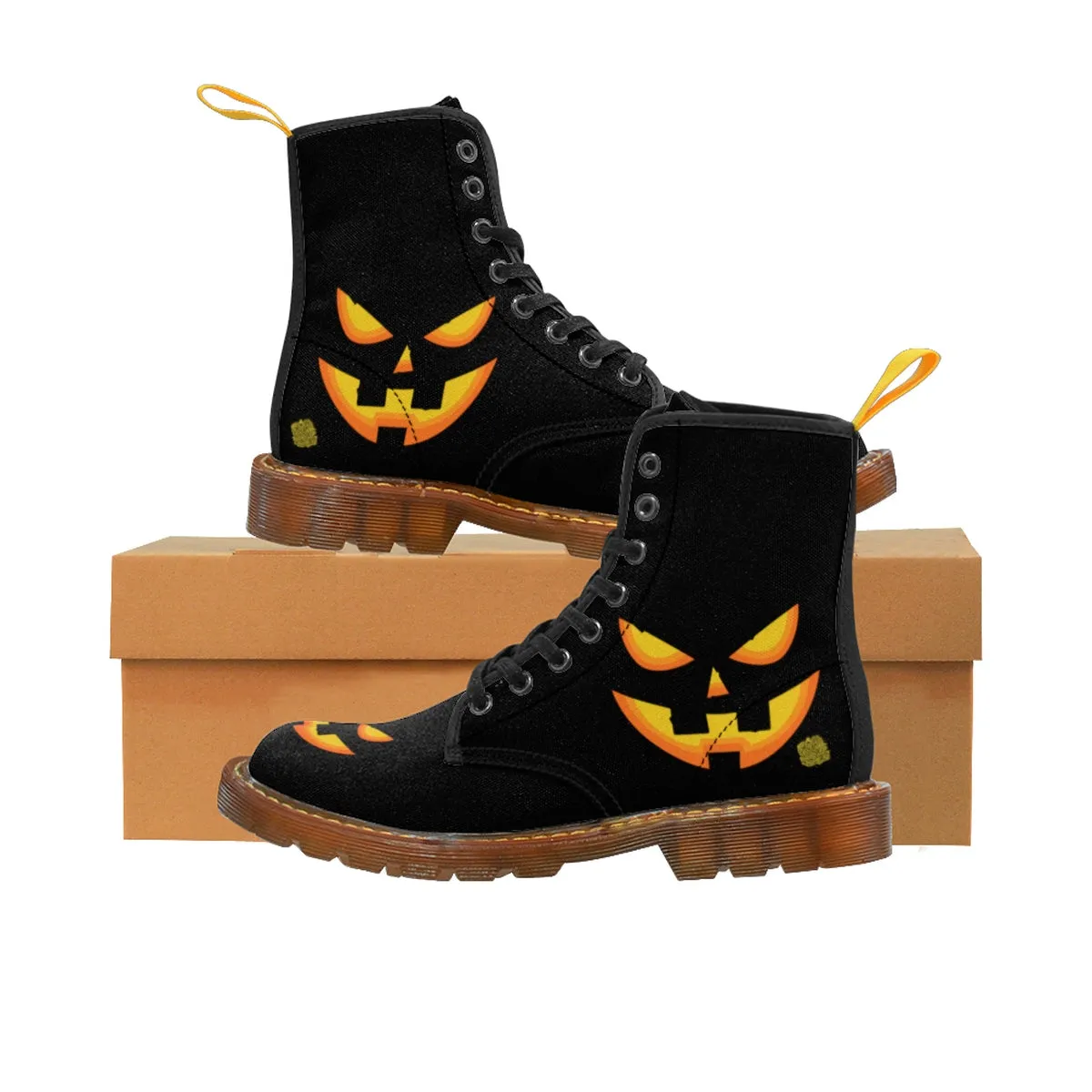 Pumpkin Face Women's Winter Boots, Black Orange Halloween Party Designer Boots