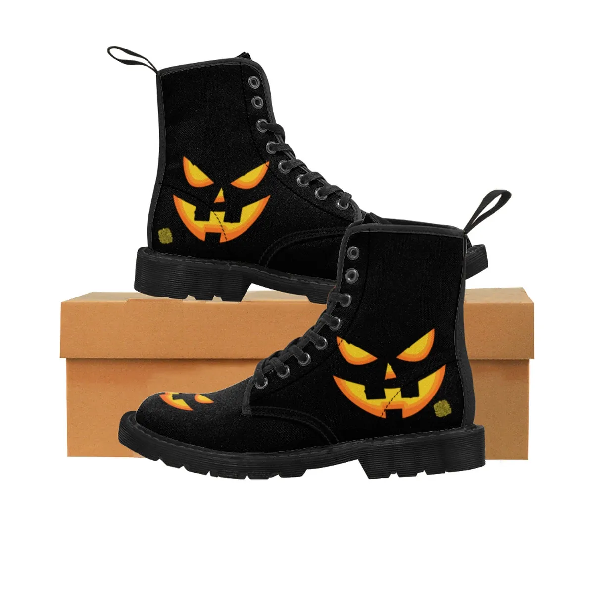 Pumpkin Face Women's Winter Boots, Black Orange Halloween Party Designer Boots