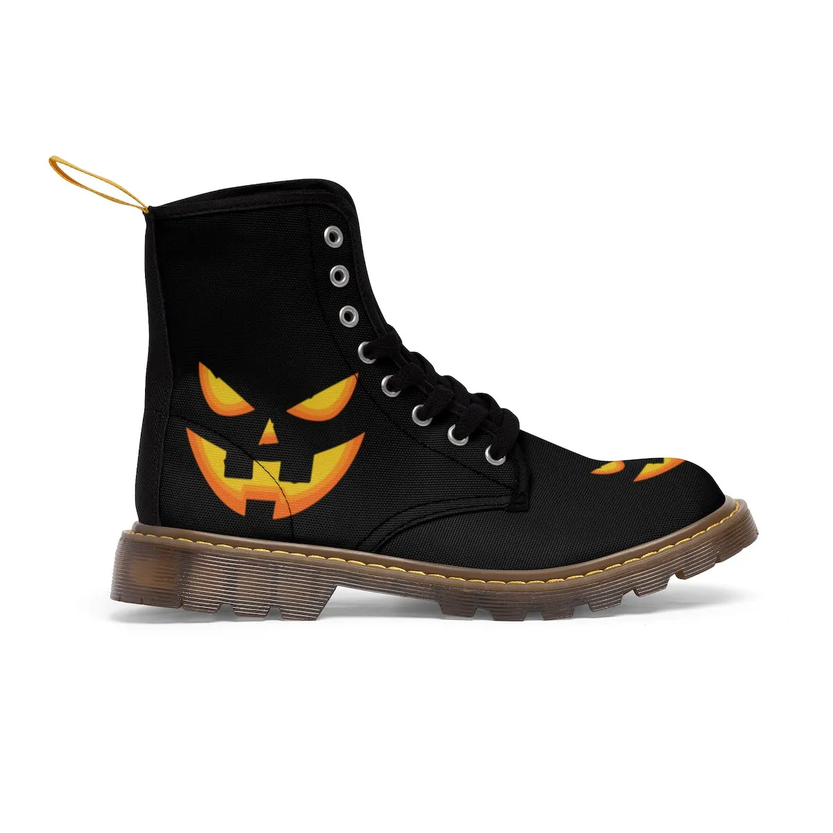 Pumpkin Face Women's Winter Boots, Black Orange Halloween Party Designer Boots