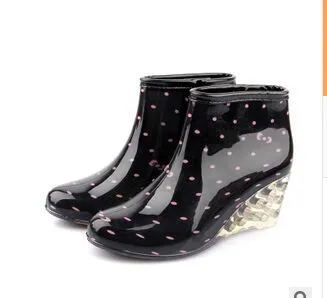 Rain Boots for Women Wedge Rain Boots Female Ankle High Heel Boots Rain Waterproof Wellies Boots Women Rubber Water Shoes