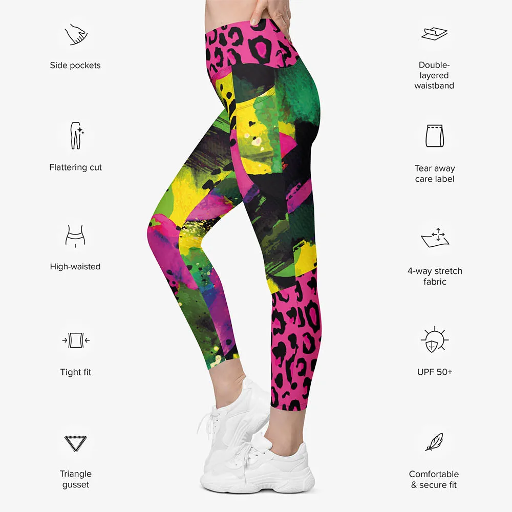 Recycled Animal Printed Leggings "Wild Canvas" Green/Pink/Yellow with pockets