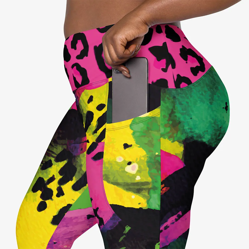 Recycled Animal Printed Leggings "Wild Canvas" Green/Pink/Yellow with pockets