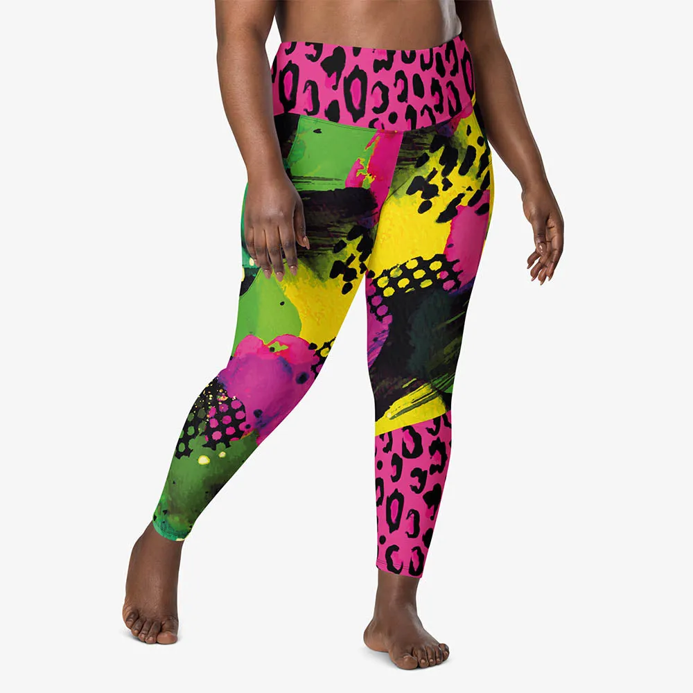 Recycled Animal Printed Leggings "Wild Canvas" Green/Pink/Yellow with pockets