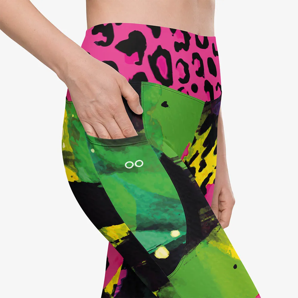 Recycled Animal Printed Leggings "Wild Canvas" Green/Pink/Yellow with pockets