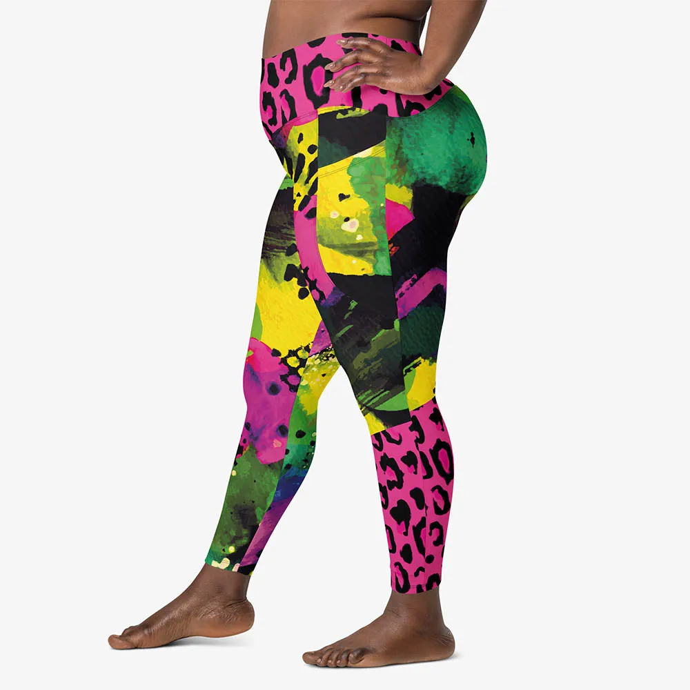 Recycled Animal Printed Leggings "Wild Canvas" Green/Pink/Yellow with pockets