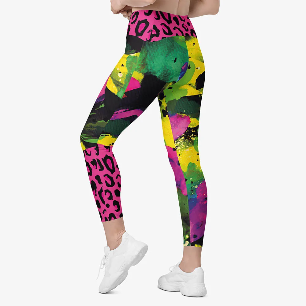 Recycled Animal Printed Leggings "Wild Canvas" Green/Pink/Yellow with pockets