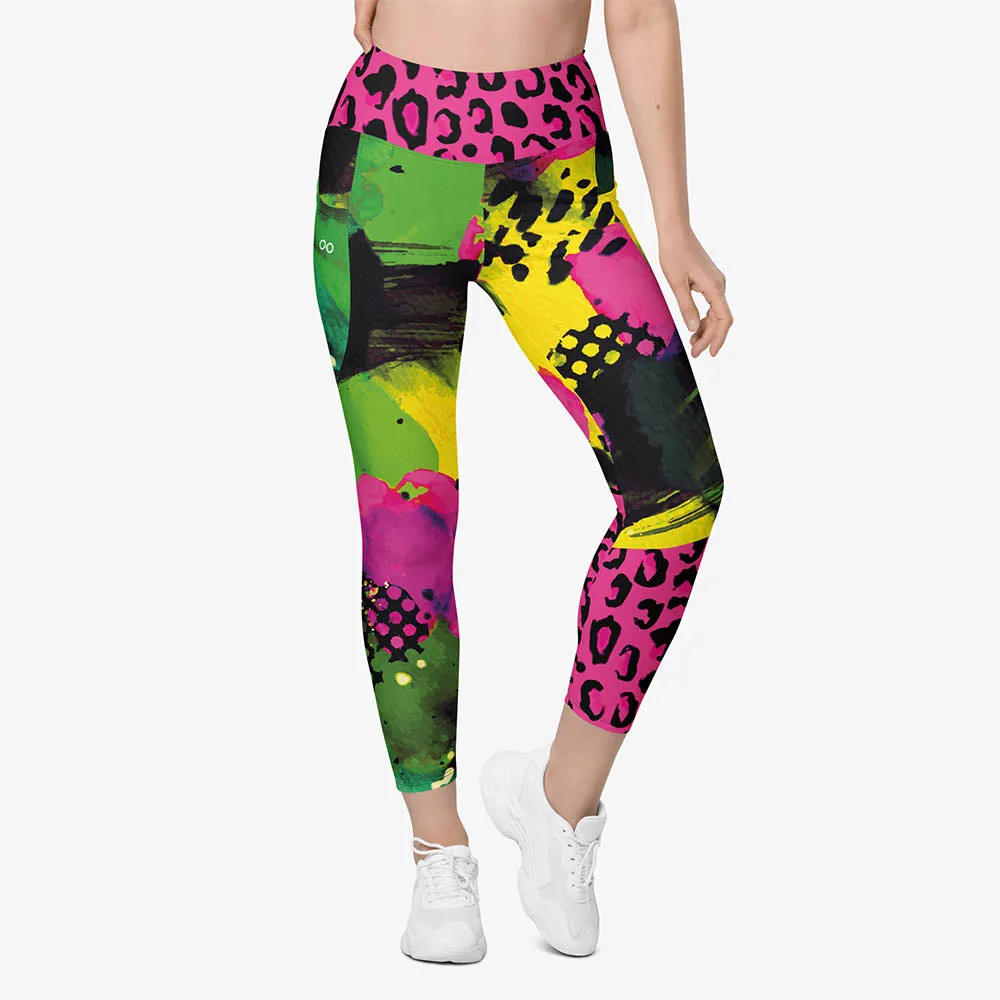 Recycled Animal Printed Leggings "Wild Canvas" Green/Pink/Yellow with pockets