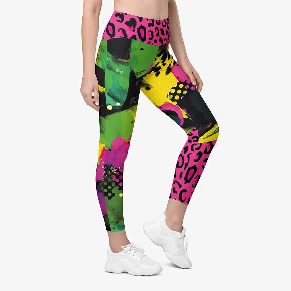 Recycled Animal Printed Leggings "Wild Canvas" Green/Pink/Yellow with pockets