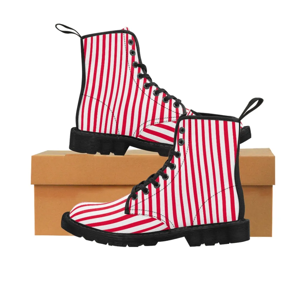 Red Striped Women's Canvas Boots, Best Modern White Red Stripes Winter Boots For Ladies