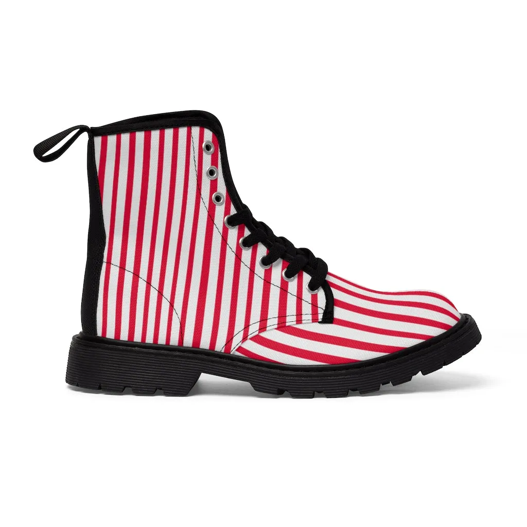 Red Striped Women's Canvas Boots, Best Modern White Red Stripes Winter Boots For Ladies