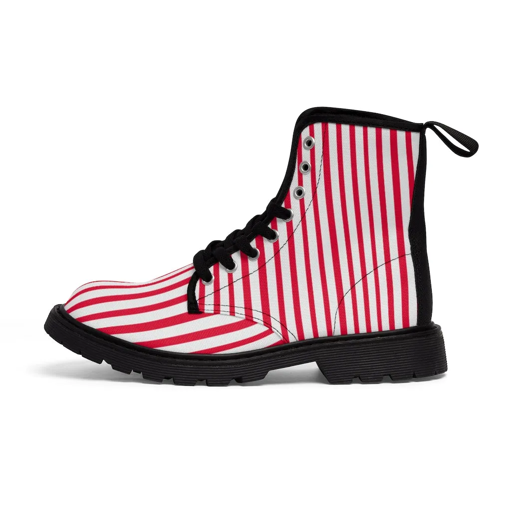 Red Striped Women's Canvas Boots, Best Modern White Red Stripes Winter Boots For Ladies