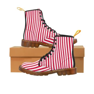 Red Striped Women's Canvas Boots, Best Modern White Red Stripes Winter Boots For Ladies