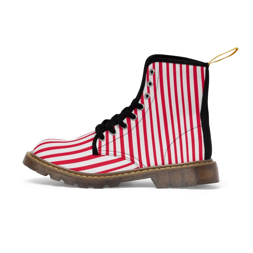 Red Striped Women's Canvas Boots, Best Modern White Red Stripes Winter Boots For Ladies