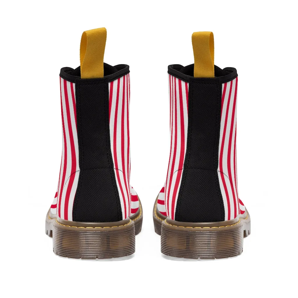 Red Striped Women's Canvas Boots, Best Modern White Red Stripes Winter Boots For Ladies