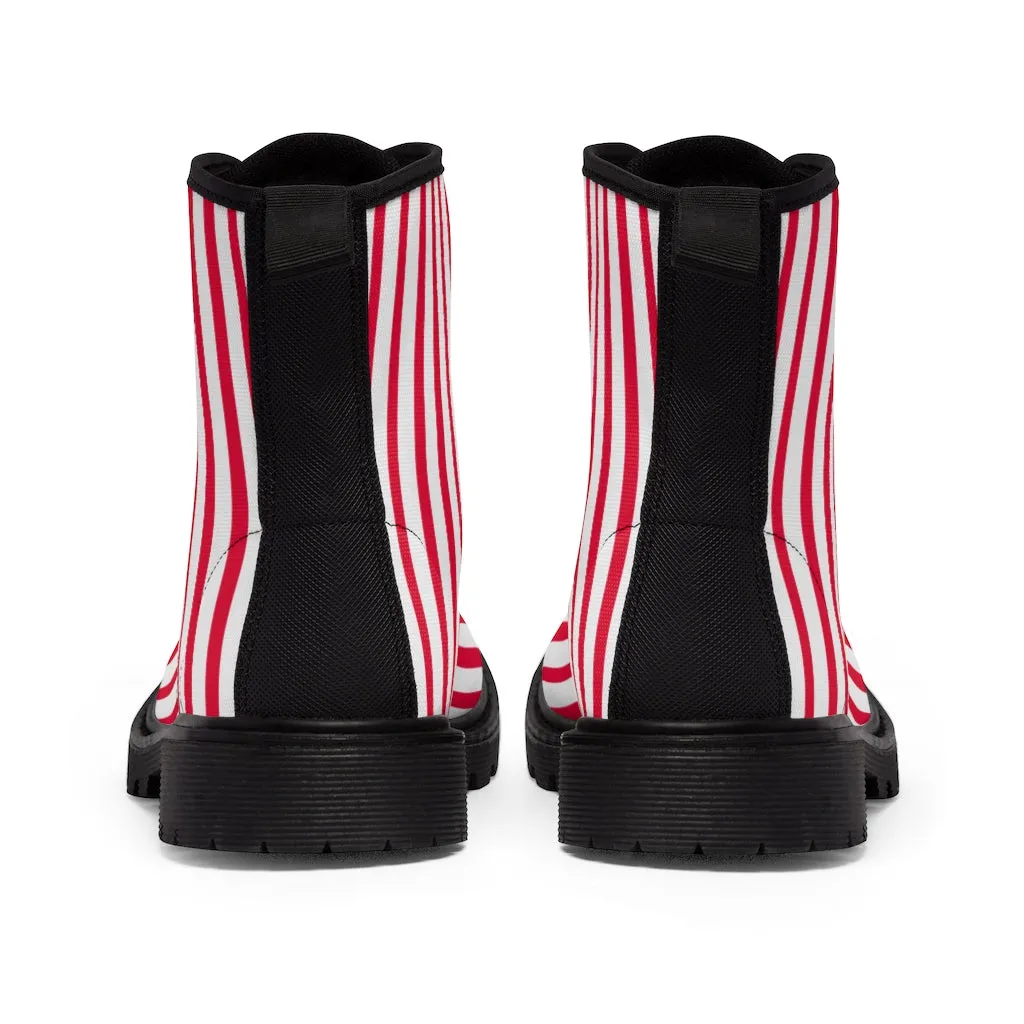 Red Striped Women's Canvas Boots, Best Modern White Red Stripes Winter Boots For Ladies