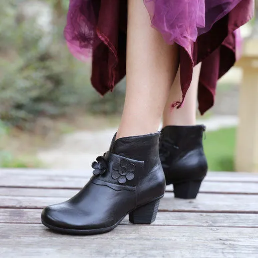 Retro Flower Chunky Short Boots | Gift Shoes