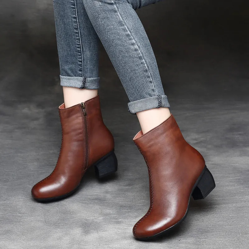 Retro Leather Chunky Women's Boots