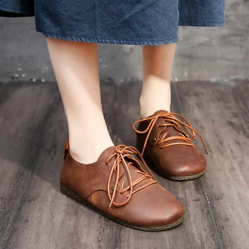 Round Head Lace Up Leather Flats