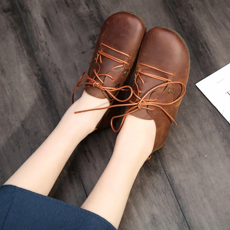 Round Head Lace Up Leather Flats